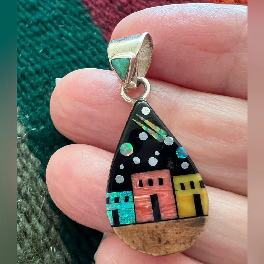 ❤️ Signed Galaxy Pueblo 925 Navajo “RD” Celestial Inlaid Pendant Native American - Picture 8 of 10